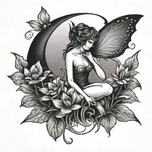 Silhouette Of A Small Fairy On A Small Crescent Moon With Water Lillies And Violets Simple