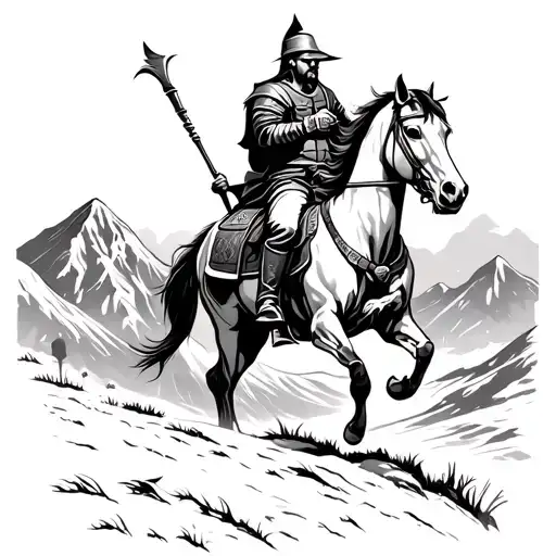 Warrior On Horseback Overlooking Mountains