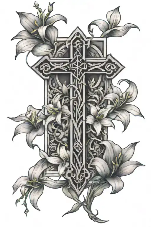A Cross Of Christ Surrounded With Lily Of The Nile Flowers Intertwined