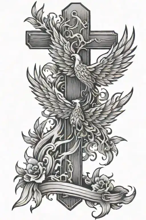 Wooden Cross Phoenix Rising From Ashes