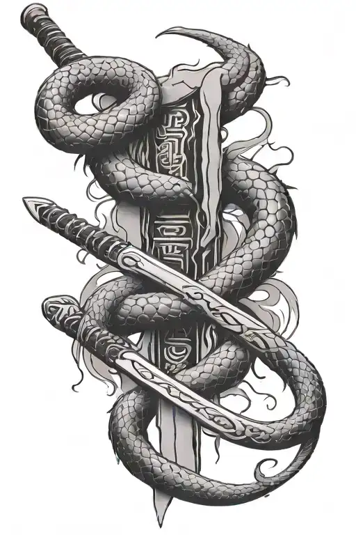 Snake Bleeding While Wrapped Tightly Around A Samurai Sword Thats Damaged Due To War