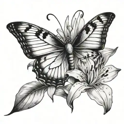 A Black-grey Tattoo Of A Beautiful Butterfly Perched On A Lilly Flower
