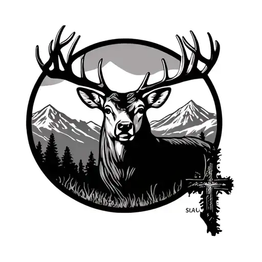 Montana Landscape And Cross And Buck Head In A Circle With The Buck Popping Out