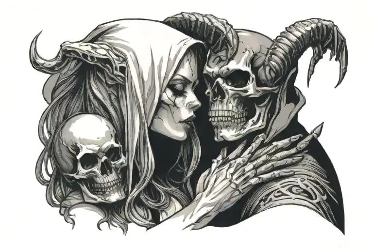 A Hooded Skull Demon Holding Sexy Human Girlfriend Chin Almost Kissing Her