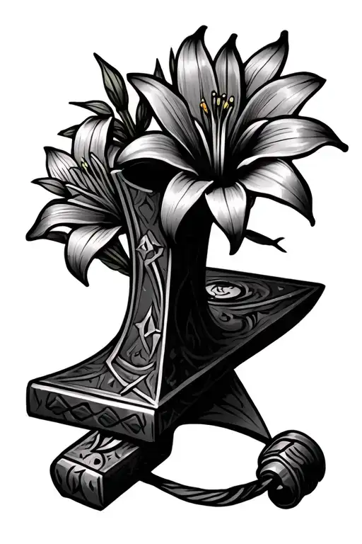 Mjolnir With Lily Flowers And A Compass