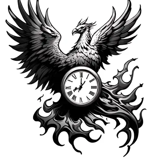 Phoenix Rising From Flames With A Clock