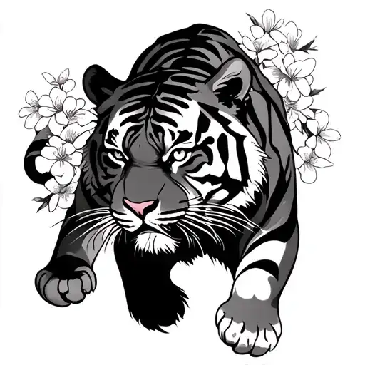 A Powerful And Fearless Tiger With Cherry Blossom