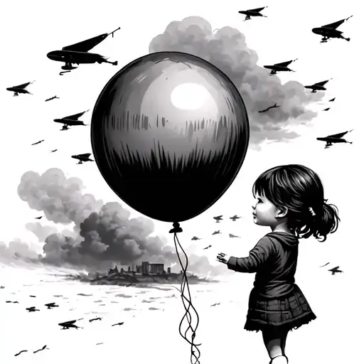 Little Girl Holding Balloon In Warzone With Airstrikes