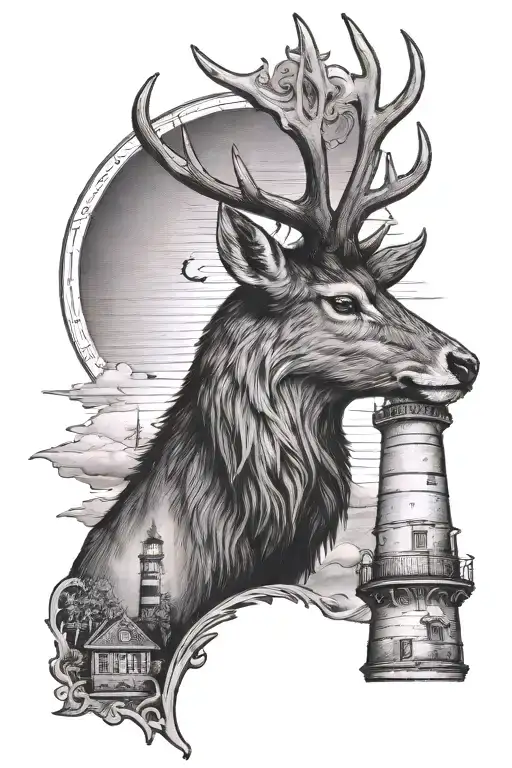 A Stag Head In Front Of A Lighthouse Shining