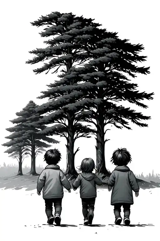 2 Back Children Walking Towards Fir Trees