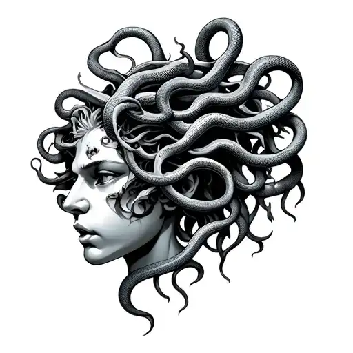 Medusa Head Looking Forward With The Face And Snakes