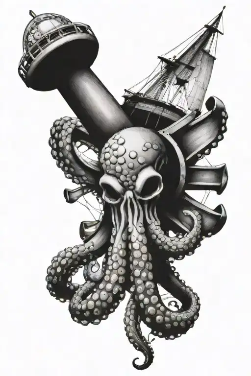 Octopus Wrapped Around A Ship Propeller Intertwined
