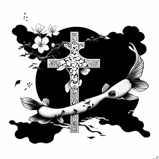 Cross Surrounded By Cherry Blossoms And Two Koi Fish Swimming Upstream