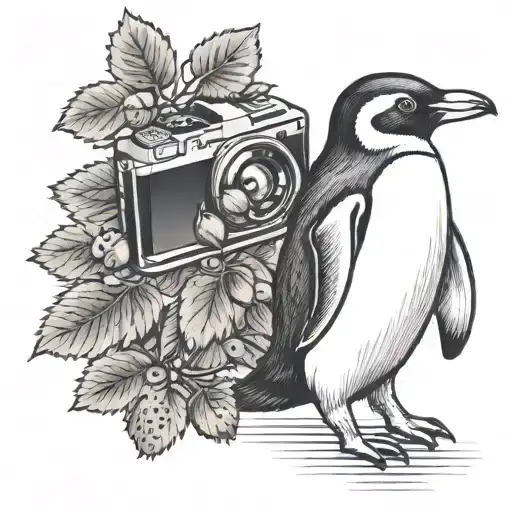 Penguin Taking A Picture Of Strawberries