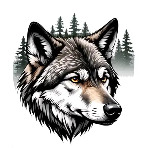Realistic Wolf Head Slightly Turned With Mom And Forest Background