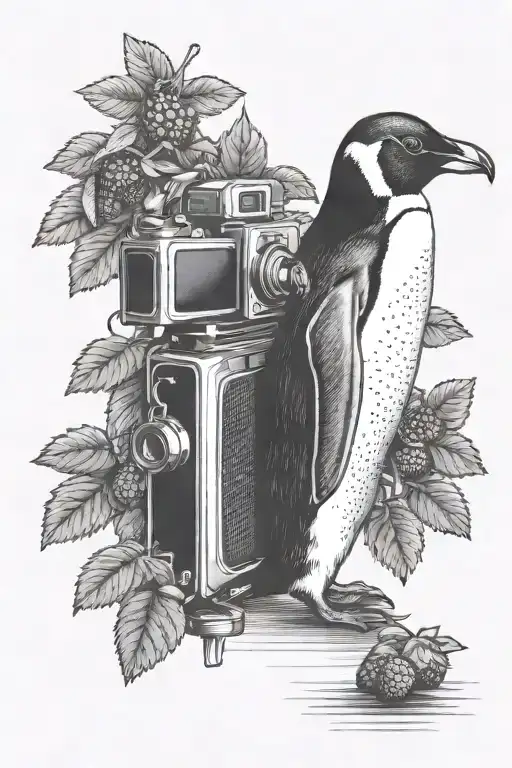 Penguin Taking A Picture Of Strawberries