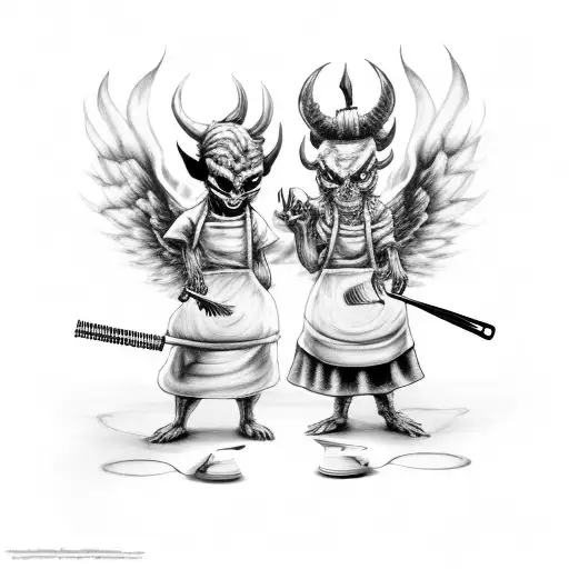 A Devil And An Angel Cooking Together In A Fiery Kitchen