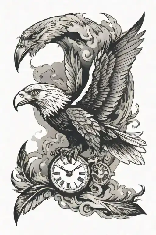 Eagle Flying With Smoke And A Clock With Feathers Falling