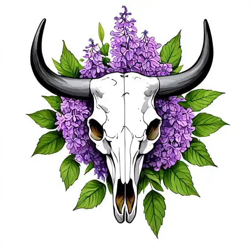 Bull Skull With Lilacs Intertwined Symbolizing The Client's Roots