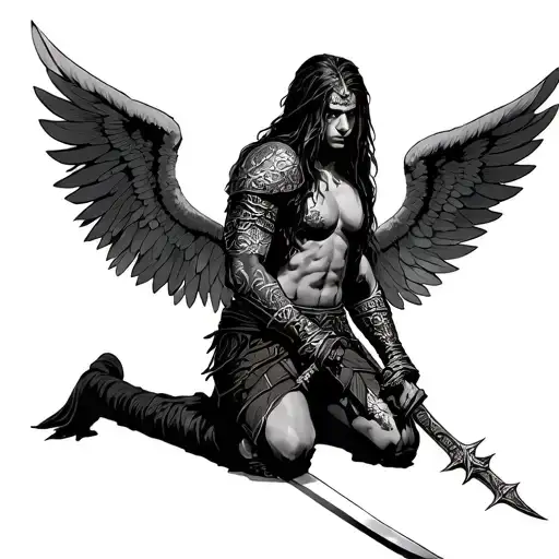 Warrior Kneeling With Wings And Sword