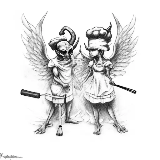 A Devil And An Angel Cooking Together In A Fiery Kitchen