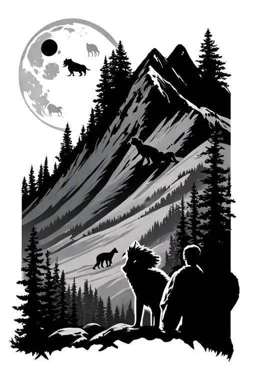 Boy Looking Up To Mountain In Forest Scene With Wolves Scaling The Mountain And Moon In The Back