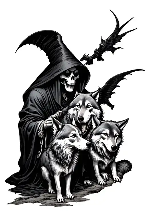 Grim Reaper With Wolves