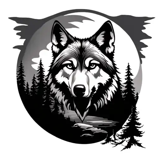 Tribal Tattoo With A Wolf Moon And Forest Scene