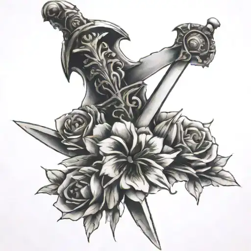 Sword On The Ground With Beautifull Flowers In The Background