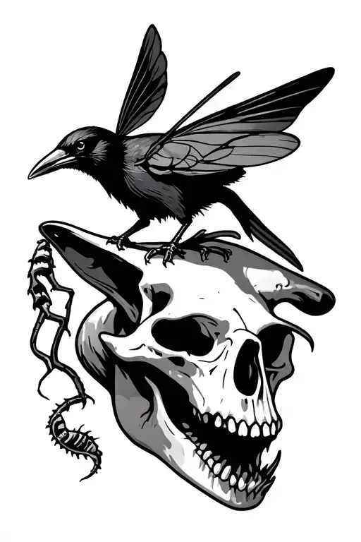Coyote Skull With Crow And Venus Fly Trap Around Them