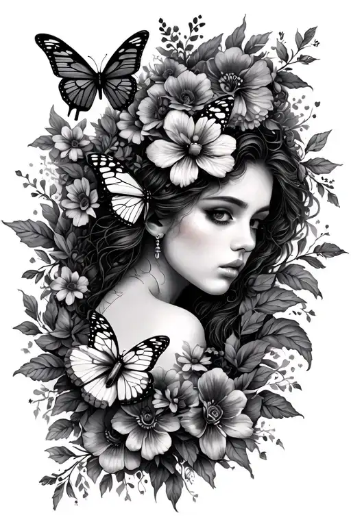 Female Tattoo Design On Outer Calf Using Butterflies And Flowers