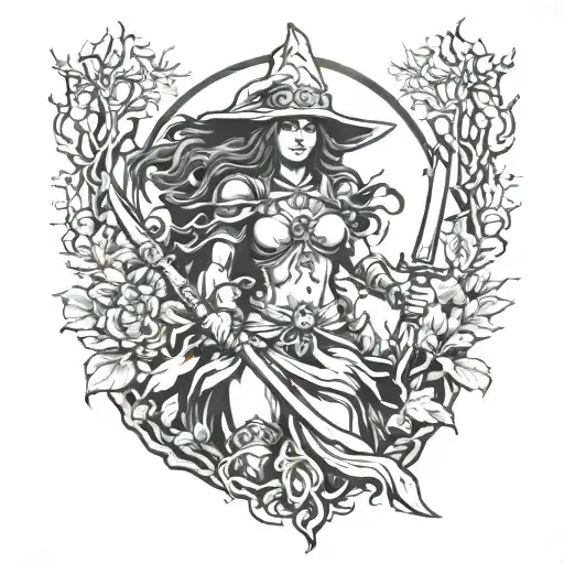 Warrior Goddess Witch Holding Dagger In Forest