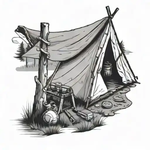 A Camping Scene With A Rifle And Tent In A Black-grey Style