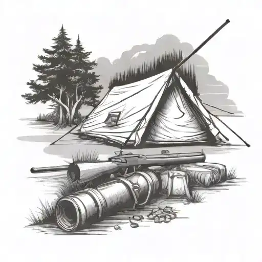 A Camping Scene With A Rifle And Tent In A Black-grey Style