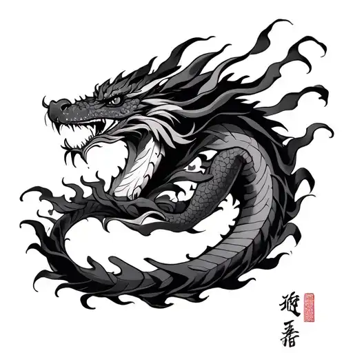 Japanese Writing And Dragon Breathing Fire