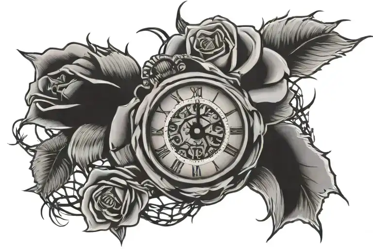 Rose And Clock And Barbed Wire