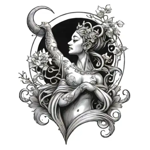 Statue Of The Moon Goddess Standing Towards The Sky With Flowers Blooming Around Her