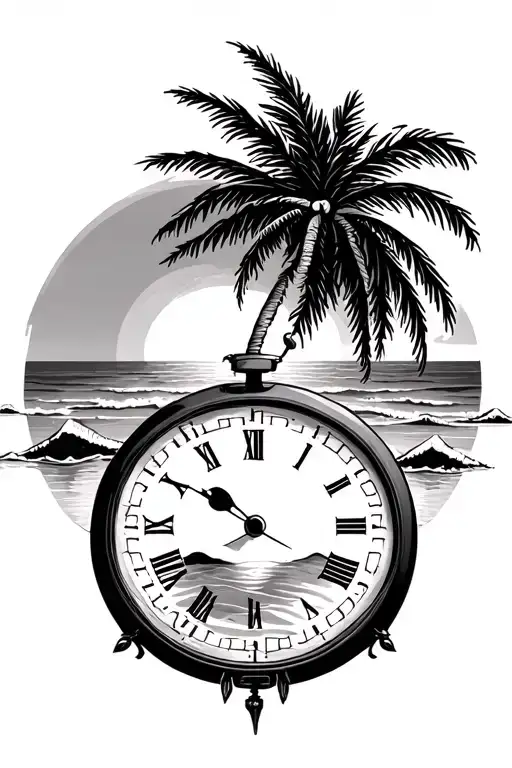 Clock Tatto With Sand And A Sunrise With Palm Tree