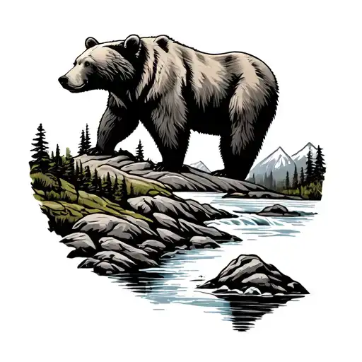 Alaskan Mountain With A River And Bear Standing