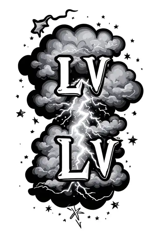 Cloud Background With Thunder And Stars And Llv In Bold Letters In Front