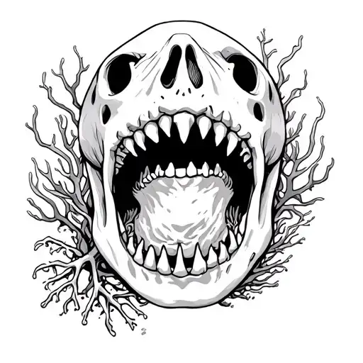 Skeleton Shark Jaw No Face Just Jaw And Teeth With Coral And Seaweed Front Facing