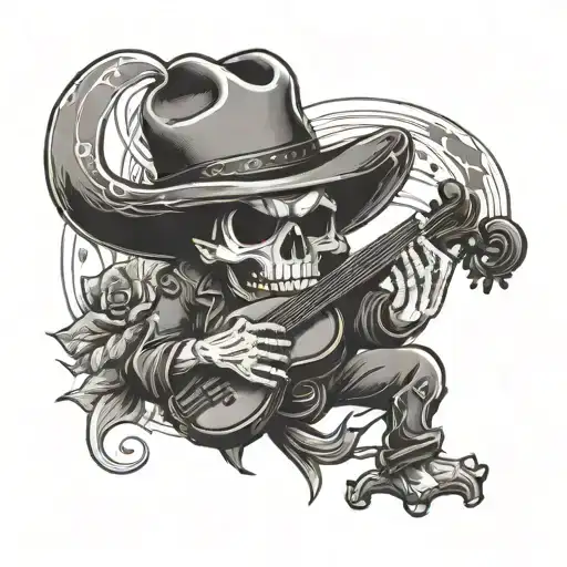 Skull Cowboy Playing Fiddle Texas Flag Intertwined