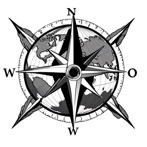 World Map And Compass Rose Intertwined