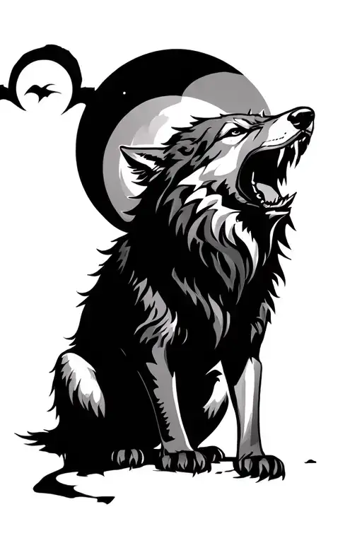 Snarling Or Howling Wolf With Full Moon