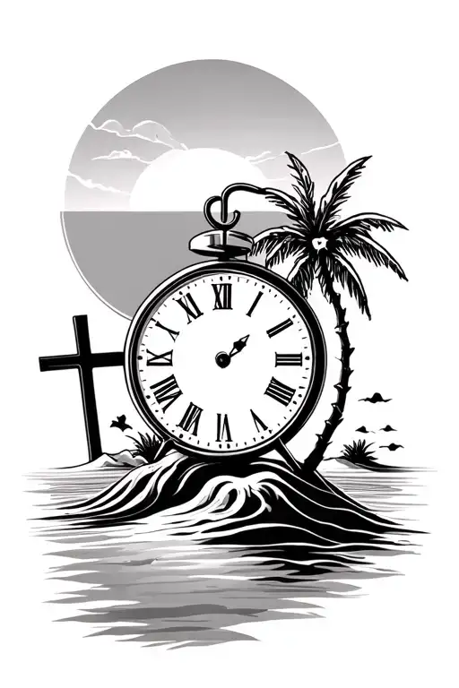 Clock Tatto With Sand And A Sunrise With Palm Tree And Cross And Water