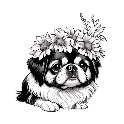 Pekingese Dog With Flower Crown Surrounded