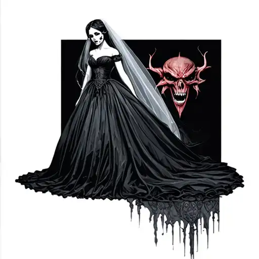 Daughter Of Death In A Black Wedding Dress With A White Face Of A Demon