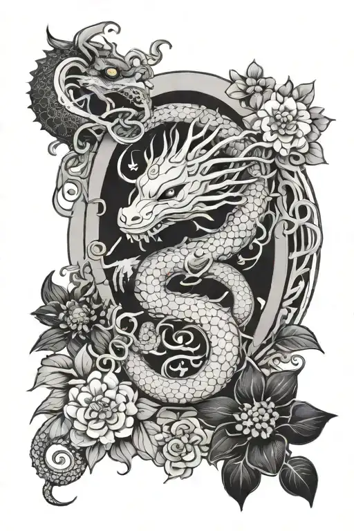 Dark Medusa Inside Enso Circle With Forget Me Not Flowers And A Chinese Water Dragon
