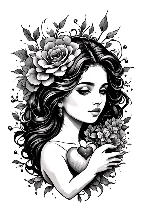 A Tattoo On The Arm Representing The Face Of A Beautiful Woman With A Heart In Her Hand