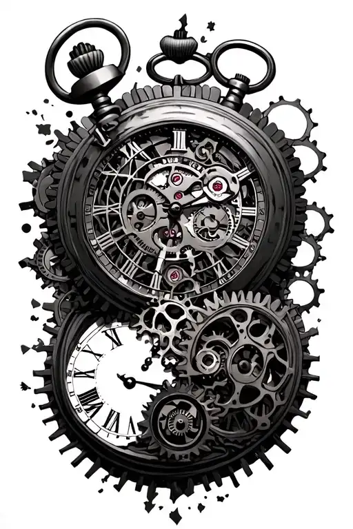 Pocket Watch Face Breaking Apart Surrounded By Gears